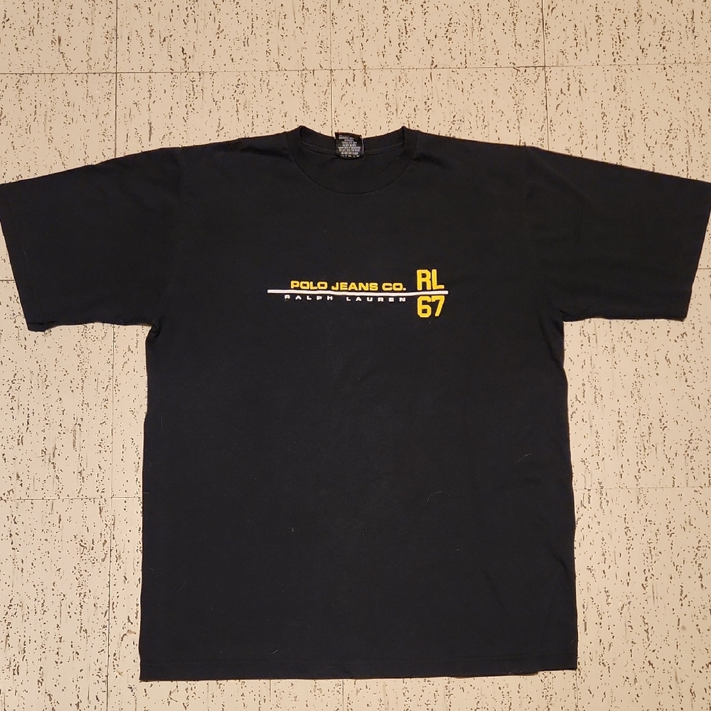 Polo Ralph Lauren Black Crewneck T-Shirt with Yellow & White Logo Vintage 90s
